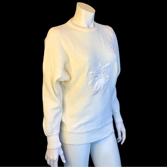 80s Cream POINSETTA Dolman Sleeve Beaded Sweater / M L - Picture 6 of 9